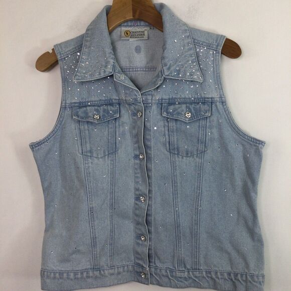 Christine Alexander Rhinestone Embellished Light Wash Denim Vest Light Blue L - Picture 12 of 12